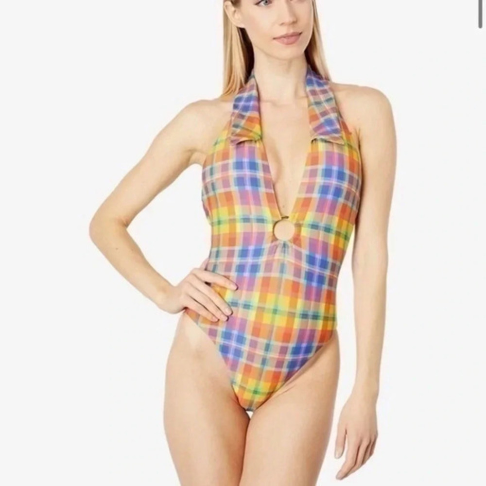 WeWoreWhat COLLAR RACERBACK ONE PIECE RAINBOW PLAID size XS B1110